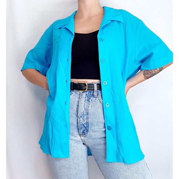 Vintage Blue Linen + Cotton Blend Retro Collared Button Down Shirt - Picture 4 of 7